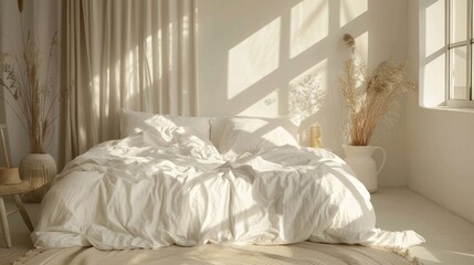 Cozy unmade bed with crumpled white sheets and fluffy pillows, set in a serene, minimalist room with simple decor and soothing tones