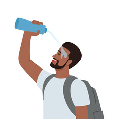 Tired man tourist pouring water on face during long walk in nature in hot weather. Traveler guy with backpack on back exhaustively washes head on go to avoid sunstroke.