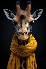 Giraffe with a yellow scarf, studio lighting, dark background, closeup