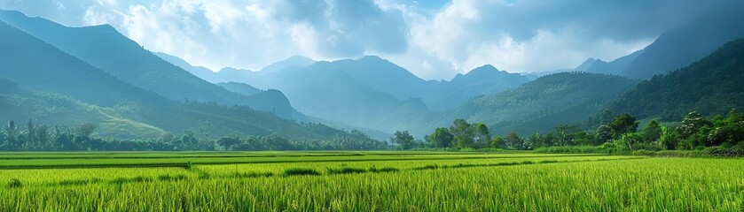 Obraz premium Lush green rice fields with mountains in the background