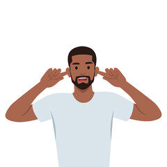 Man covering ears with fingers with annoyed expression for the noise of loud sound or music. Flat vector illustration isolated on white background