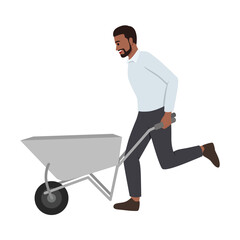 Man pushing wheelbarrow. Flat vector illustration isolated on white background