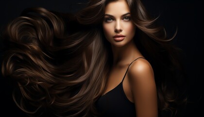 Obraz premium Woman with long, flowing brown hair, sleek and shiny, dark background