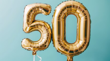 Obraz premium A blue background is filled with fifty balloons, each shaped like the number 50 The number 50 is depicted in the center of one balloon