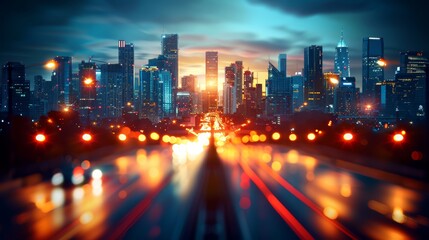 Obraz premium A cityscape at night, featuring a multitude of lights in the foreground, and a dense concentration of cars traversing the roads in the mid-foreground