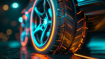 Smart tire with embedded sensors, tech savvy environment, neon accents, orange and turquoise tone