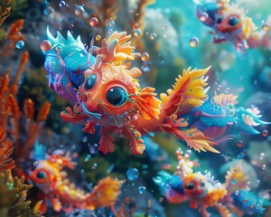 Create an aerial view of cartoon creatures with vibrant colors and whimsical details resembling mythical beings in a digital animated style