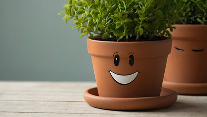 The pot with the green plant, the flowering pot smiles