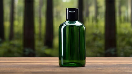 Dark green bottle for cosmetic products for shampoos and hair care. against the background of the forest stands on a wooden surface