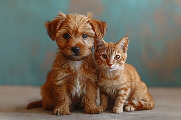 Two best friends, puppy and kitten, pets concept at home