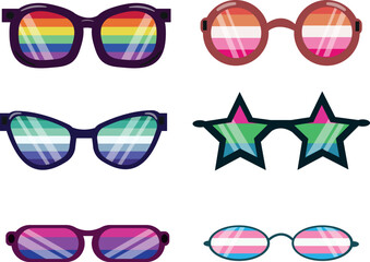 set of sunglasses of different shapes in the colors of the flags of LGBT communities, namely lesbian, gay, bisexual and others, for posters, packaging or design