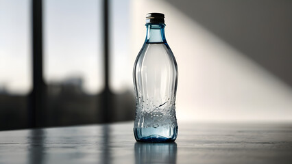 A glass bottle of water stands on the windowsill. open view of the city