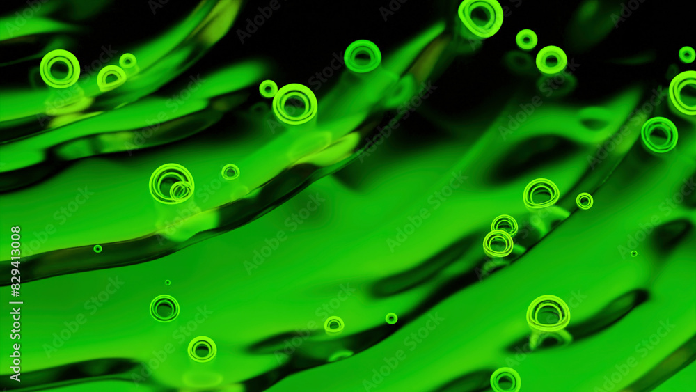 Poster neon bubbles are moving floating on liquid. design. moving bubbles on surface of abstract liquid. an