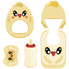set of children's items, namely, a rattle toy, a pacifier, a feeding bottle, a bib and a hat, with an image of an animal, namely a chiken, for packaging, design or textile