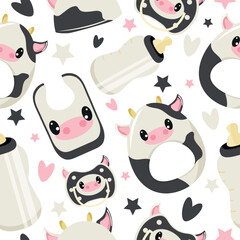 seamless pattern of set of baby things, namely rattle toy, pacifier, feeding bottle, bib and hat with animal image, namely cow, for packaging, design or textile