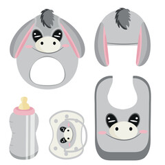 set of children's items, namely, a rattle toy, a pacifier, a feeding bottle, a bib and a hat, with an image of an animal, namely a donkey, for packaging, design or textile