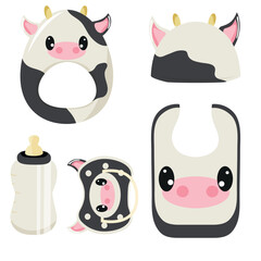 set of children's items, namely, a rattle toy, a pacifier, a feeding bottle, a bib and a hat, with an image of an animal, namely a cow, for packaging, design or textile