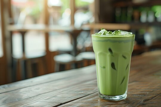 Photo of a glass of iced matcha latte on a wooden table