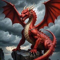 there is a red dragon that is sitting on a rock