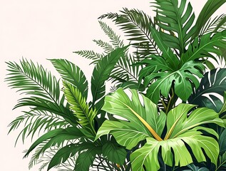 Vibrant exotic tropical foliage and lush green plants on a stunning floral background, with a small white space for text or design elements.