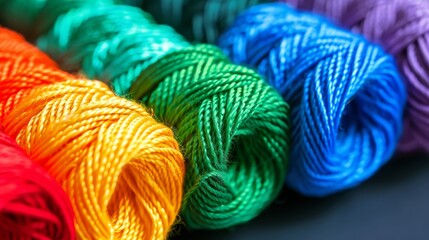  A row of multicolored thread spools on a black surface, each sporting a vibrant rainbow hue in its center