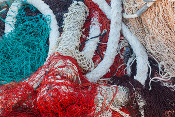 A pile of fishing nets to dry, close-up.