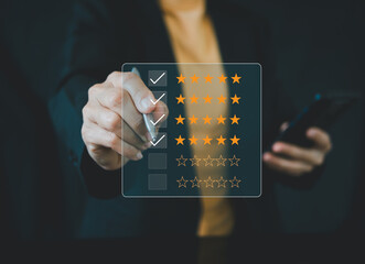 feedback rating and positive customer review experience, service and Satisfaction, Business people...