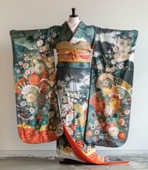 A kimono with a pattern of clouds, cherry blossoms, and autumn leaves