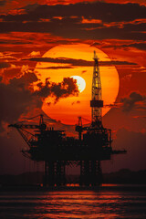 Obraz premium Dramatic Silhouette of an Oil Drilling Platform Against a Fiery Sunset
