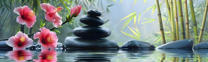 States of mind, meditation, feng shui, relaxation, nature, zen concept. Bamboo, rocks and water