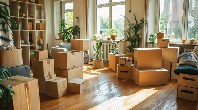 Bright living room filled with cardboard boxes, ready for moving day and new beginnings