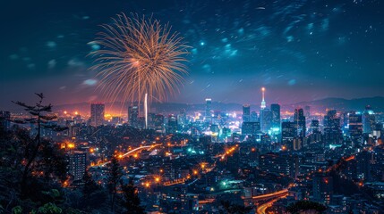 A photograph showcasing a grand fireworks display above an illuminated urban landscape at night created with Generative AI technology