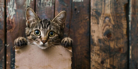 Whimsical Mugshot of a Feline with Bright Eyes and Wooden Background - Powered by Adobe