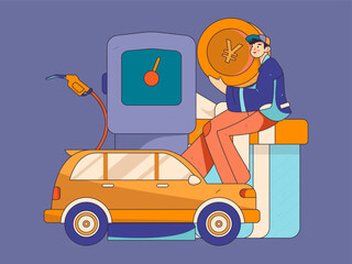 Vector Internet operation hand-drawn illustration of people getting discounts for refueling their cars
