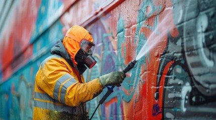 Close-up image of a worker in reflective gear, pressure washer in hand, erasing graffiti from a...