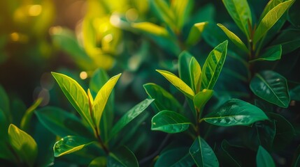 Obraz premium A tight shot of a green plant's upper surface, sun rays filtering through its verdant leaves Lower leaves are shaded beneath