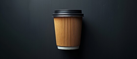 Bird's-eye view of a coffee cup, placed on a black backdrop with lots of copy space, lit by studio lighting for a striking visual