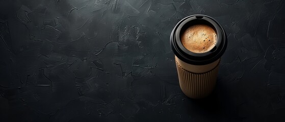 Bird's-eye view of a coffee cup, placed on a black backdrop with lots of copy space, lit by studio lighting for a striking visual
