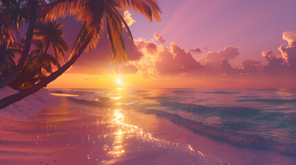 Golden Sunset over Tranquil Beach with Swaying Palm Trees and Gentle Waves
