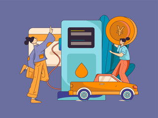 Vector Internet operation hand-drawn illustration of people getting discounts for refueling their cars

