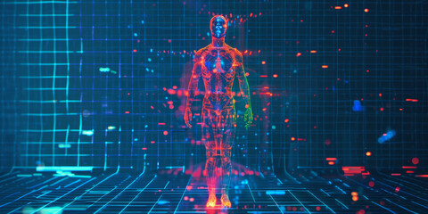 Thermal Imaging Display Showing a Human Figure in Digital Grid