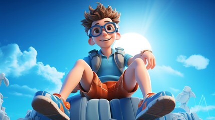 3d illustration of cartoon boy sitting on inflatable ring, wearing swimming suit and goggles isolated blue background with copy space concept design for summer vacation,