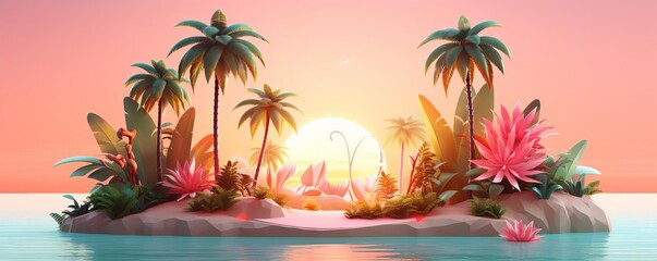 3D render of a simple cute cartoon sun with tropical leaves and palm trees on a sand island