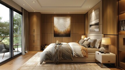 A bedroom with a large bed, a painting, and a balcony.