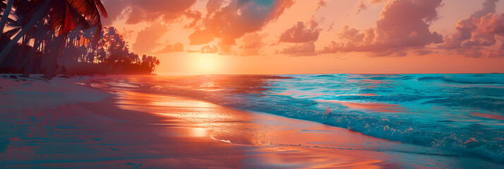 Golden Sunset over Tranquil Beach with Swaying Palm Trees and Gentle Waves