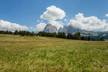 The wide meadows on the northern side of Sciliar mount from the Alpe di Siusi area in the Dolomites