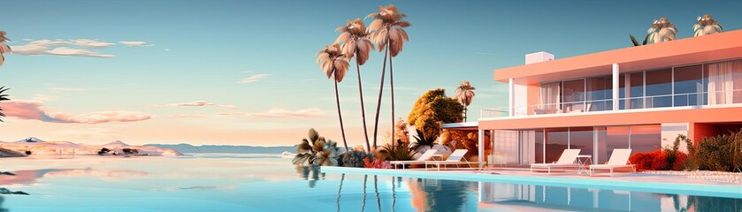 modern colorful architecture with a swimming pool overlooking the sea in orange and blue tones