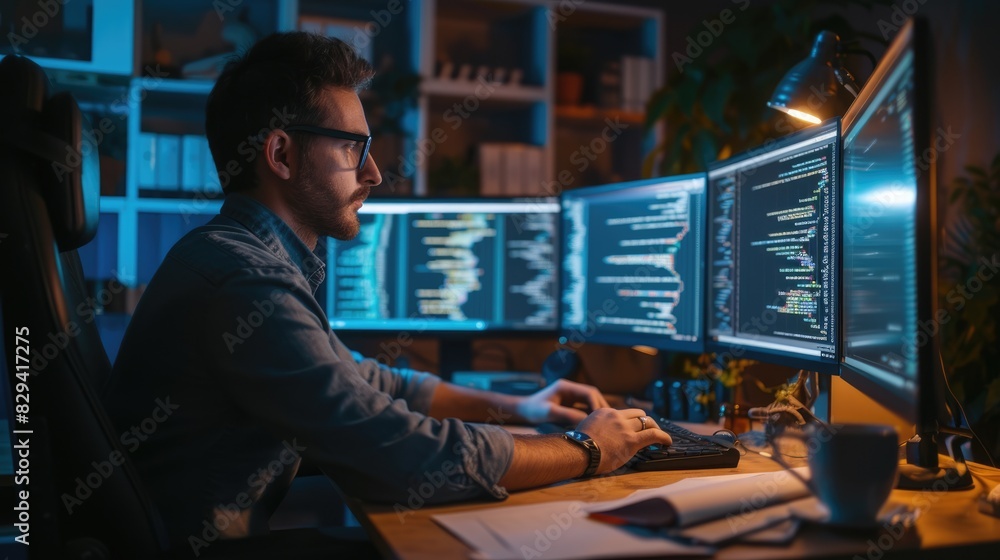 Poster a software developer works on code late into the night, illuminated by the glow of multiple computer