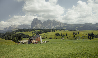 The wide meadows on the northern side of Sciliar mount from the Alpe di Siusi area in the Dolomites