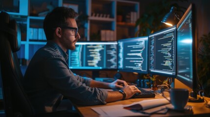 A software developer works on code late into the night, illuminated by the glow of multiple computer screens in a modern office. AIG41
